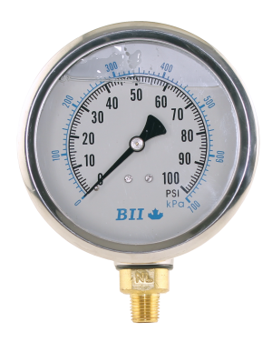 4' Liquid Filled Pressure Gauge 0 - 160 psi with Brass 1/4' MPT